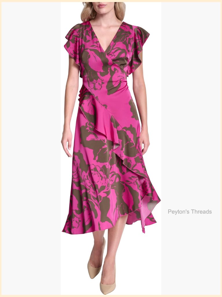 Ruffle Cap Sleeve Surplice Neck Fit And Flare Midi Dress, Polyester, Zip Closure